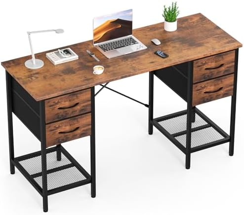 Sweetcrispy 56" Computer Desk with 4 Drawers and Shelve, Brown by Sweetcrispy