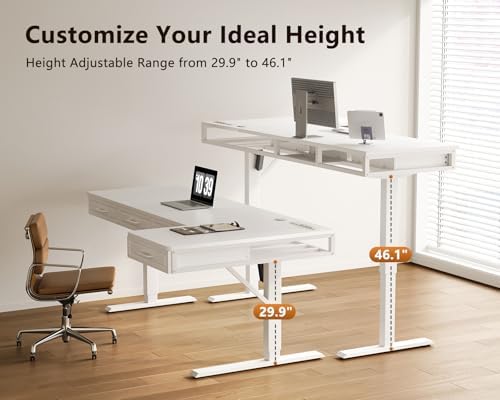 OffiGo 63 Inch L Shaped Standing Desk with 4 Wooden Drawers, White - Image 5