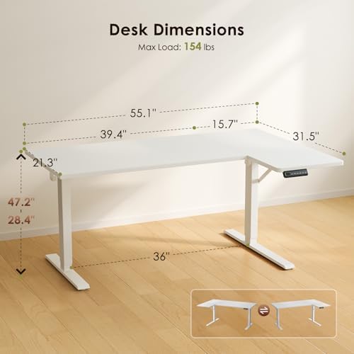 OffiGo 55 Inch Reversible L Shaped Electric Standing Desk, White - Image 3