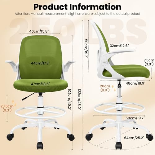Primy Drafting Chair Tall Office Chair with Flip-up Armrests Executive Ergonomic Computer Standing Desk Chair with Lumbar Support and Adjustable Footrest Ring (AvocadoGreen) - Image 3