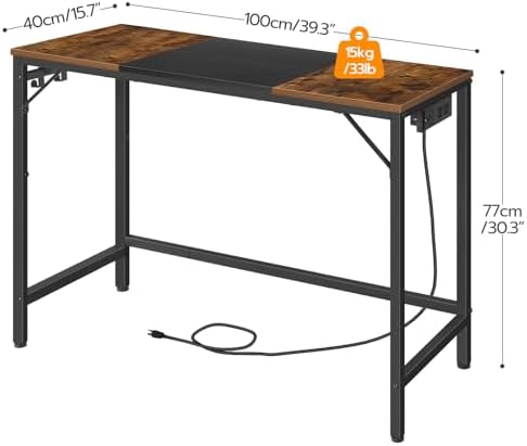 HOOBRO Computer Desk, 39.3 Inch Small Desk with Power Outlet, Writing Table with USB Charging Ports and 3 Hooks for Home Office, Study Room, Bedroom, Easy to Assemble, Rustic Brown and Black BF41UDN01 - Image 3