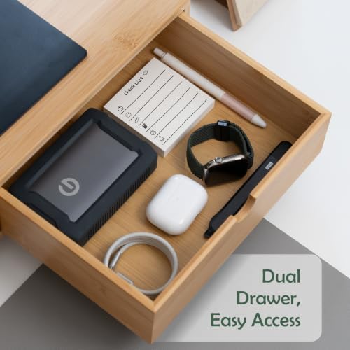 Bamboo Dual Monitor Stand, Natural Desk Shelf with 2 Drawers - Image 5
