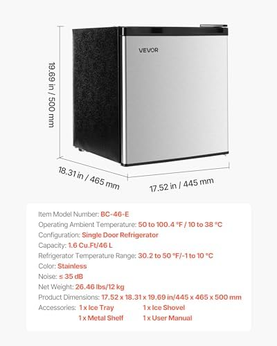 VEVOR Mini Fridge with Freezer, 1.6 Cu.Ft Compact Refrigerator, 7 Mode Adjustable Temperature, Energy Efficient Small Refrigerator, Reversible Door, Low Noise, for Bedroom, Office, Brushed Stainless - Image 7