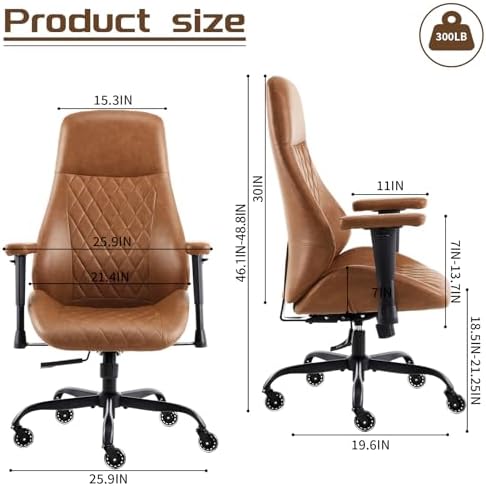 YFO Home Office Desk Chair High Back Office Rubber Casters Ergonomic Computer Chair with Lumbar Support Adjustable Height Rolling Swivel Chair Executive Task Armrests， Brown Leather - Image 2
