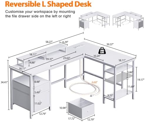 Furologee White 59” L Shaped Desk with Power Outlet, Reversible Computer Desk with File Drawer & 2 Monitor Stands, Corner Home Office Table with Storage Shelves for Gaming Writing - Image 3