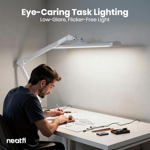 Neatfi Ultra 3,500 Lumens LED Desk Lamp with Base– 45W, 270 SMD LEDs, Shadow-Free | Adjustable Brightness | Non-Flickering Task Light for Nail, Craft & Office (White-3, 26-Inch Wide Shade) - Image 3