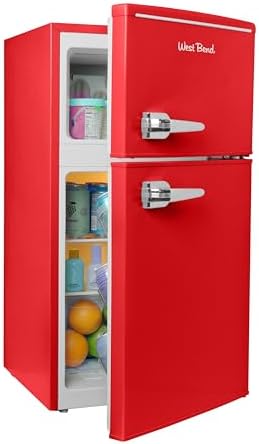 West Bend Mini Fridge with Freezer Retro-Styled for Home Office or Dorm, Features Dual Doors Removable Glass Shelves Manual Defrost and Mechanical Adjustable Temperature Control, 3.1-Cu.Ft, Red by WestBend