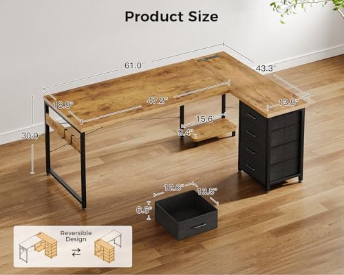 AODK 61" L Shaped Gaming Desk with 4 Drawers and Power Outlets, Vintage - Image 3