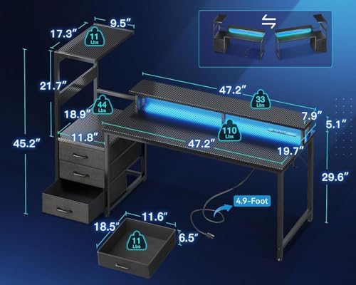 Casaottima 59 Inch Gaming Desk with USB Charging Ports & LED Light - Reversible Computer Desk with 3 Fabric Drawers, Monitor Stand, CPU Stand, Modern Office Desk, Pure Black - Image 3