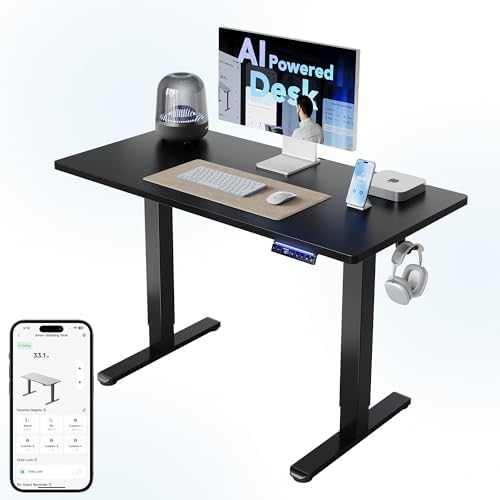 HUANUO One-Piece AI-Powered Electric Standing Desk, Smart APP, Work with Alexa & Google, Adjustable Height, 3 Memory Settings, Sedentary Reminder, Ergonomic Sit-Stand Desk, 48-inch, Black by HUANUO