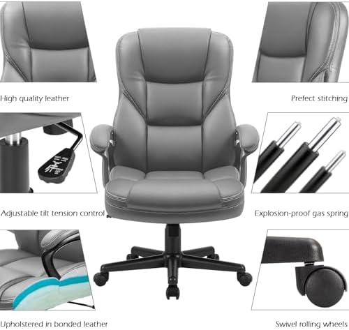 Furmax Office Executive Chair High Back Adjustable Managerial Home Desk Chair, Swivel Computer PU Leather Chair with Lumbar Support (1, Gray) - Image 5