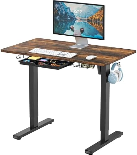 SHW 40-Inch Electric Height Adjustable Standing Desk w/Drawer, Rustic Brown by SHW