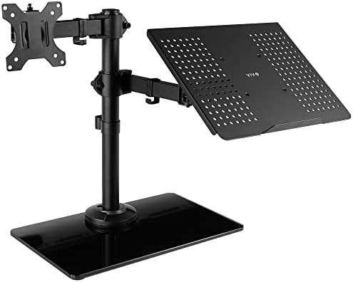 VIVO Free Standing Single Computer Monitor and Laptop Combo Desk Stand with Sleek Glass Base, Fits up to 32 inch Monitors and 17 inch Laptops, Black, STAND-V002FGL by VIVO
