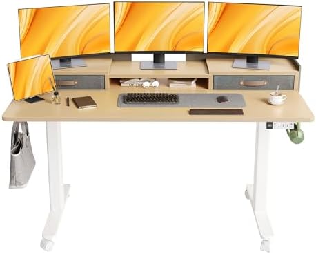 Claiks Standing Desk with Drawers & Wheels, 2 Height Shelf 63" Natural by CLAIKS