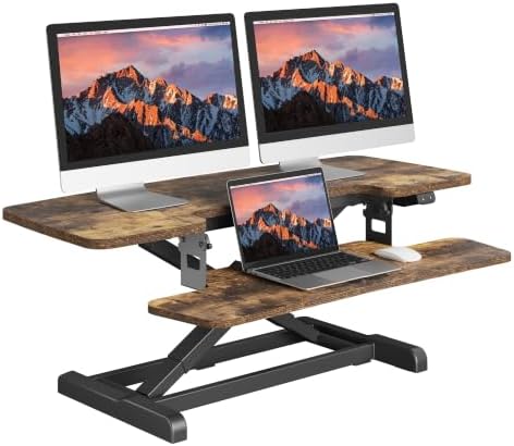 SANODESK Standing Desk Converter with Electric Motor 42" Height Adjustable Riser for Office Home,Dual Monitor and Laptop Workstation with Large Keyboard Tray, Rustic Color by sanodesk