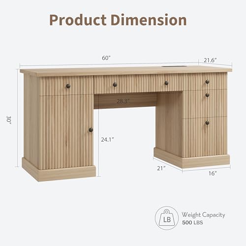 Garvee 60" Office Desk with Storage & Drawers for Home Office, Oak - Image 2