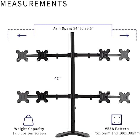 VIVO Premium Quad Ultra Wide LCD LED 27 to 38 inch Monitor Desk Stand, Free-Standing Base, Extra Tall Pole, Adjustable Telescoping Arms, Flush Wall Setup, Fits 4 Screens, Black, STAND-TS38B-4 - Image 6