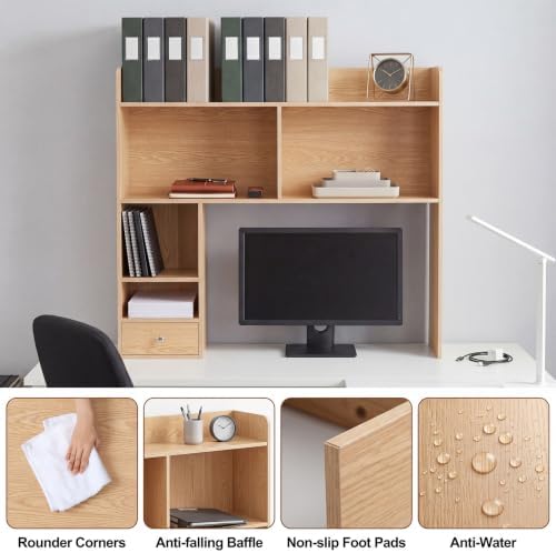 Cinnvoice Natural Desktop Bookshelf Countertop Storage Hutch with Drawer for Computer Desk 5-Tier Display Rack Multipurpose Wood Desktop Hutch Storage Organize for College Dorm Home Office Supply - Image 4