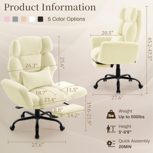 Office Chair with Flip Armrests,Big and Tall Office Chair with Foot Rest,Extra Wide Seat & Lumbar Pillow,Ergonomic Computer Gaming Chair,Comfy Criss Cross Chair for Pets Sitting,Teddy Fleece,Yellow - Image 2