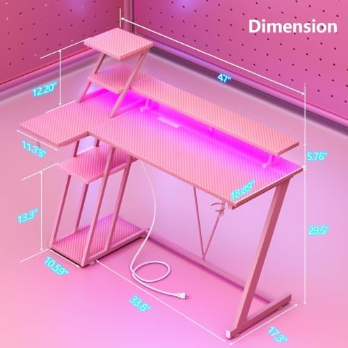 Korfile 47 Inch Pink Gaming Desk with LED Lights & Power Outlet, Gaming Computer Desk with Storage Shelves, L Shaped Gamer Workstations with Monitor Stand for Bedroom - Image 2