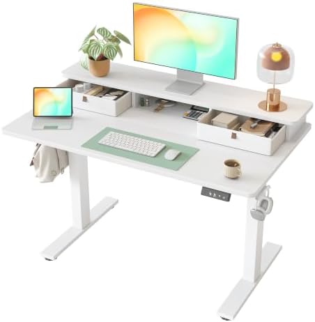 TIQLAB 40 * 24 inch Standing Desk with Two Drawers&Top Shelf, White by TIQLAB