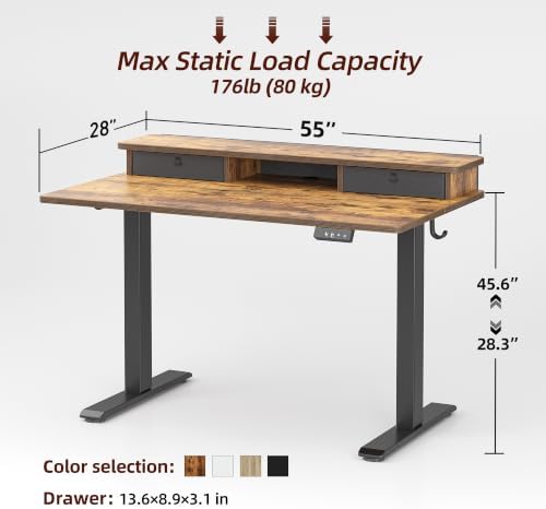 TIQLAB 55 * 28 inch Standing Desk with Two Drawers&Top Shelf, Rustic Brown - Image 3