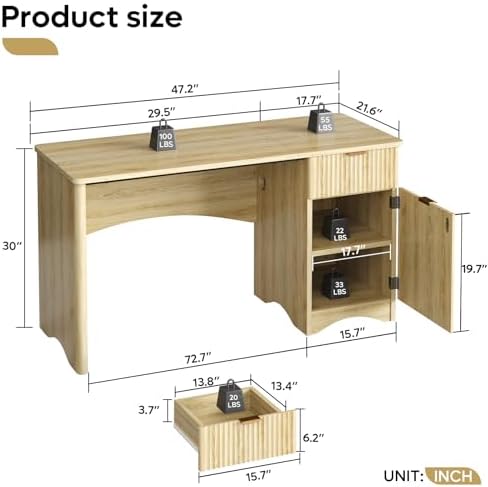 Bestier 47 inch Fluted Computer Desk with Drawer, Office Desk with File Cabinet, Modern Wood Desk with Storage Cabinet for Home Office Bedroom Study, Natural Oak - Image 2