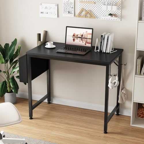 Lufeiya Small Desk for Small Spaces, 32 Inch Kids Girls Study Writing Desks for Bedroom, Simple Modern Laptop PC Little Side Table with Storage Bag Headphone Hooks, Black - Image 2