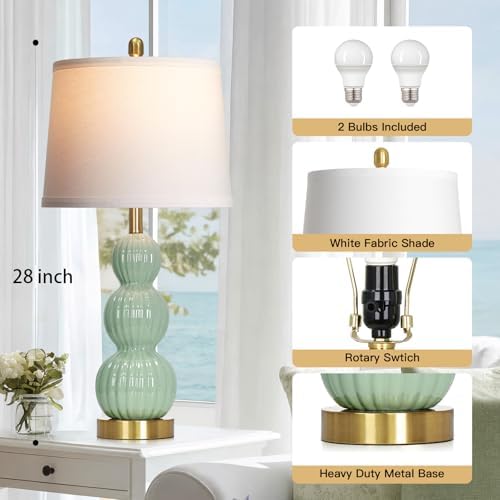 28" Sage Green Table Lamps Set of 2 for Living Room, Modern Ceramic Bedside Lamps for Bedroom, Ribbed Gourd Table Lamps for Nightstand (2 LED Bulbs Included) - Image 2