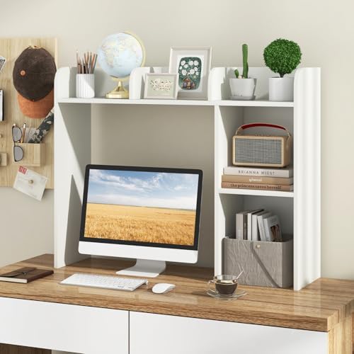 GOFLAME 5 Shelves Desktop Bookshelf, Wood Desk Hutch Dorm for Computer Desk, Countertop Display Rack, 3-Tier Desk Storage Organizer Shelf for Dormitory, Home Office, Study, White - Image 2