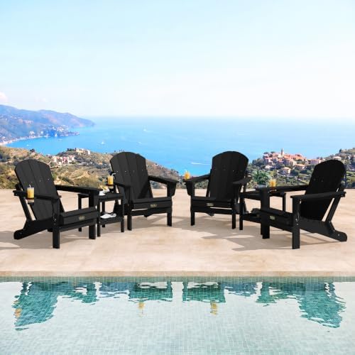 SERWALL Foldable Adirondack Chairs Set of 2 with Cup Holder, HIPS, Black - Image 7