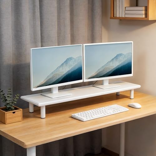 Bamboo Dual Monitor Stand Riser, White Desk Shelf with Storage - Image 6