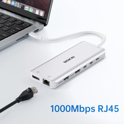 USB C Laptop Docking Station Dual Monitor Dual HDMI 4K DP Triple Display Hub, 13 in 1 MOKiN USB C Hub with 3 Monitors, DisplayPort, USB 3.1, RJ45, 100W PD, Card Reader, Audio/Mic, for Dell HP, Sliver - Image 6