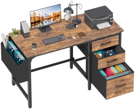 Lufeiya Computer Desk with File Drawers Cabinet, 47 Inch Reversible Home Office Desks with Fabric Filing Cabinet for Small Space, Study Writing Table PC Desks, Rustic Brown by LUFEIYA