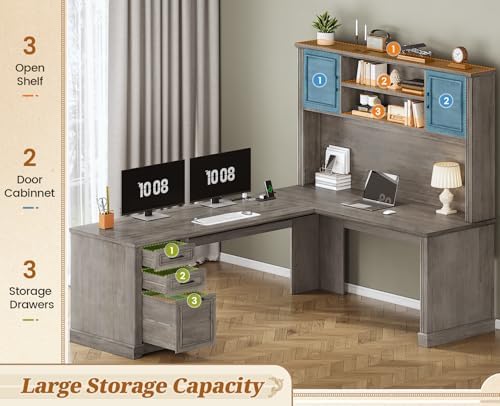 SEDETA Farmhouse L Shaped Desk with Hutch and 3 Drawers, 68.9" Executive Office Desk with File Drawer and Power Outlet, Corner Computer Desk with Storage Shelves for Home Office, Grey - Image 5
