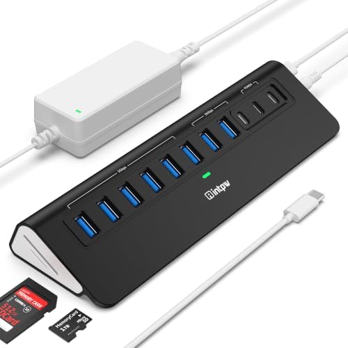 Powered USB Hub 10Gbps, Intpw YH9AC Plus 13-Port USB 3.2 Hub(USB A/USB C 3.2+6 USB-A 3.0+2 PD 45W Fast Charging Ports+SD/TF Card Reader), 65W Power Adapter,Aluminum USB HUB for PC,Laptop,iPhone 17/16 by intpw