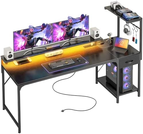 PRAISUN 63 Inch Gaming Desk with LED Lights & Power Outlets by PRAISUN