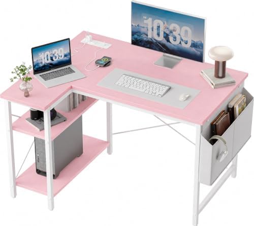 TIQLAB L Shaped Computer Desk with Power Outlets, 40 Inch Small Corner Desk with Reversible Shelves, Gaming Desk Computer Table Study Writing Table for Home Office Bedroom Small Space, Pink by TIQLAB