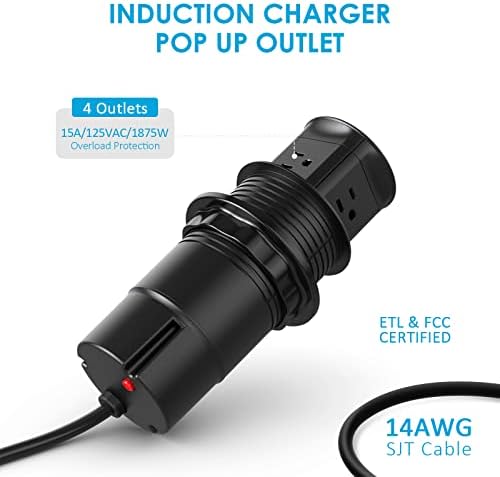 Jgstkcity Pop Up Outlet with 15W Wireless Charger,4 Outlets 15A, Splash Resistant,3 inch Desk Hole Power Grommet,Space Saver Outlet for Kitchen Countertop,Office Conference Table,ETL Listed (Black) - Image 5