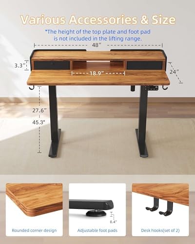 YIHAYO Electric Standing Desk with Drawers, 48 x 24 Inches Adjustable Desk with Storage Shelf, Stand Up Desk with Splice Board, Computer Table for Home Office, Black Frame/Rustic Brown Top - Image 3