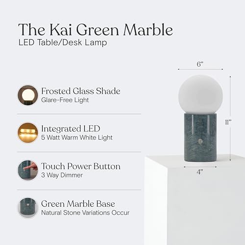 Brightech Kai LED Table Lamp - Bedside Reading Light with Unique Green Marble Base, Modern Desk Lamp, Nightstand Lamp with Ambient Lighting for Bedrooms, Living Room, Den - Modern Globe Lamp Shade - Image 3