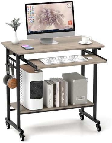 Tangkula Rolling Computer Desk Cart with Keyboard Tray, Mobile Portable Laptop PC Desk with CPU Stand & 3 Hooks for Sofa & Bed, Compact Small Desk on Wheels for Small Spaces (Grey) by TANGKULA