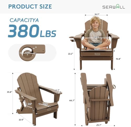 SERWALL Oversized Foldable Adirondack Chair with Cup Holder, HIPS, Brown - Image 3