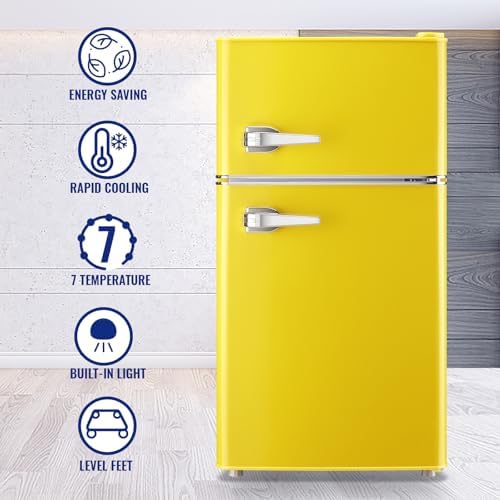 WANAI Compact Mini Refrigerator 3.5 Cu.Ft Small Refrigerator with Freezer, Retro Mini Fridge with Dual Door,7 Adjustable Thermostat, Adjustable Shelves For Dorm, Office Bedroom, Yellow - Image 3