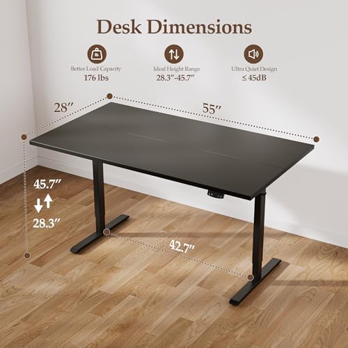 Klicelor 55 x 28 Electric Standing Desk, Sit Stand Up Home Office Desk, Height Adjustable Deep Cumputer Table with Memory Presets and Hooks, Two Pieces, Black - Image 3