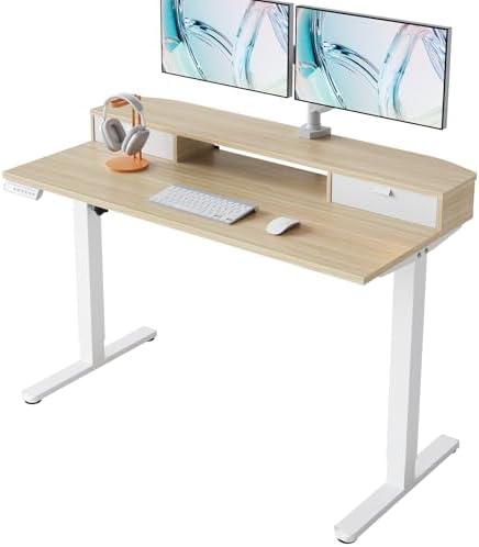 HUANUO 47.2" X 23.6" Electric Standing Desk with 2 Drawers, C-Clamp Mount Compatible, Height Adjustable Computer Desk, Home Office Stand Up Desk with 4 Preset Heights & 2 Hooks, Light Walnut by HUANUO