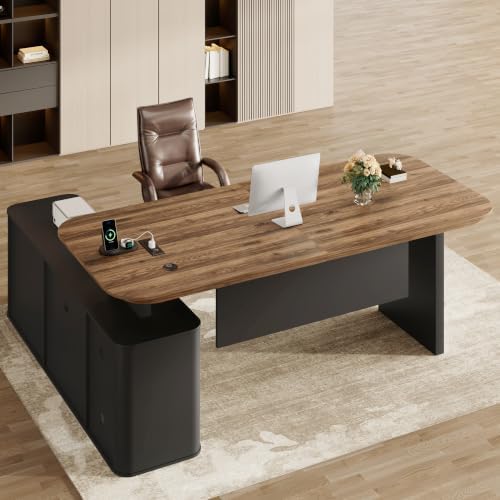 Squireewo 78.7" L Shaped Executive Desk with Drawers, Large Office Desk w/Power Outlets, Storage Cabinet & File Drawers, 1.8" Thick Tabletop, Modern Business Furniture for Home Office, Black & Walnut by Squireewo