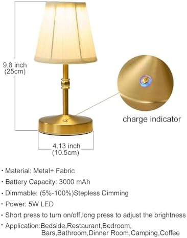 5W Mini Cordless Lamp Gold,3000 mah Small Battery Operated Lamp,Vintage Small Table Lamps,3 Level Dimmable Rechargeable Lamps,Decorative Dining Table Light,Mini Lamps for Kitchen,Nightstand,Bedroom - Image 5