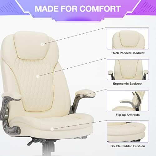 COLAMY Ivory Leather High Back Executive Office Chair Set of 2, Ergonomic Desk Chair with Flip-up Arms, Thick Cushion, Silent Nylon Wheels, Adjustable Height & Rocking Function, 300lbs Capacity - Image 5
