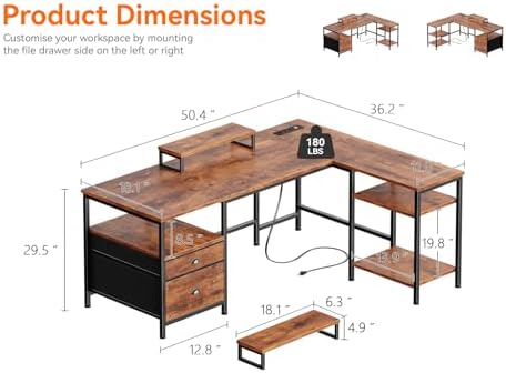 Furologee 50 Inch L Shaped Computer Desk with Power Outlet, Rustic Brown - Image 3